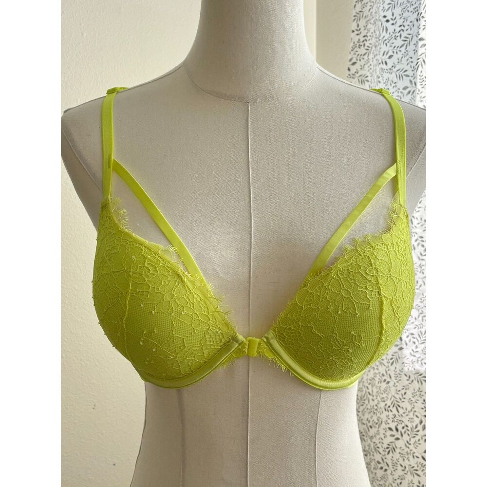 Victoria’s Secret Very Sexy Bra 34C Neon Yellow Lace Strappy Push Up Front Close